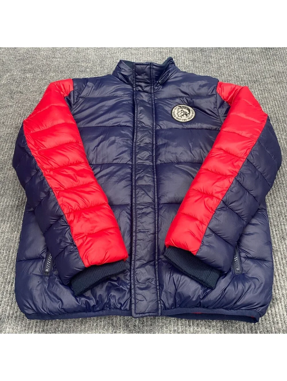 Diesel Full Zip Snap Puffer Jacket Youth Size 14 Blue Red Colorblock Nylon Shell